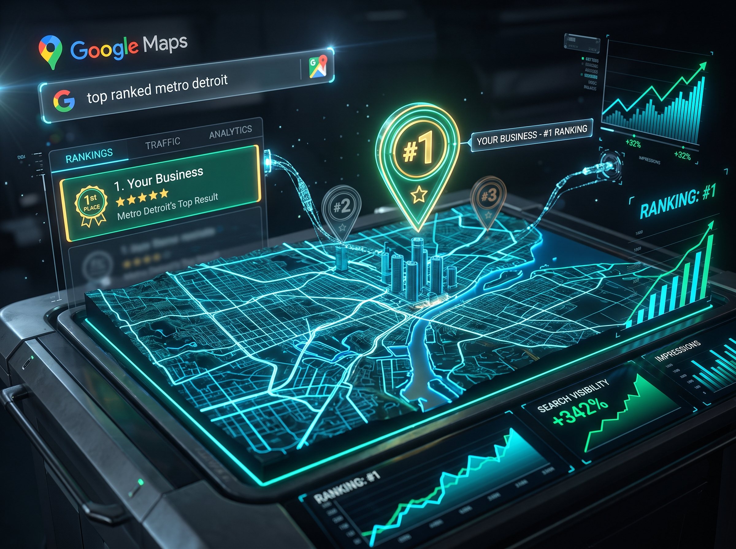 Holographic 3D visualization of Google Local 3-Pack rankings and Google Maps pin dominance across Detroit and Oakland County engineered by RivDiv Marketing