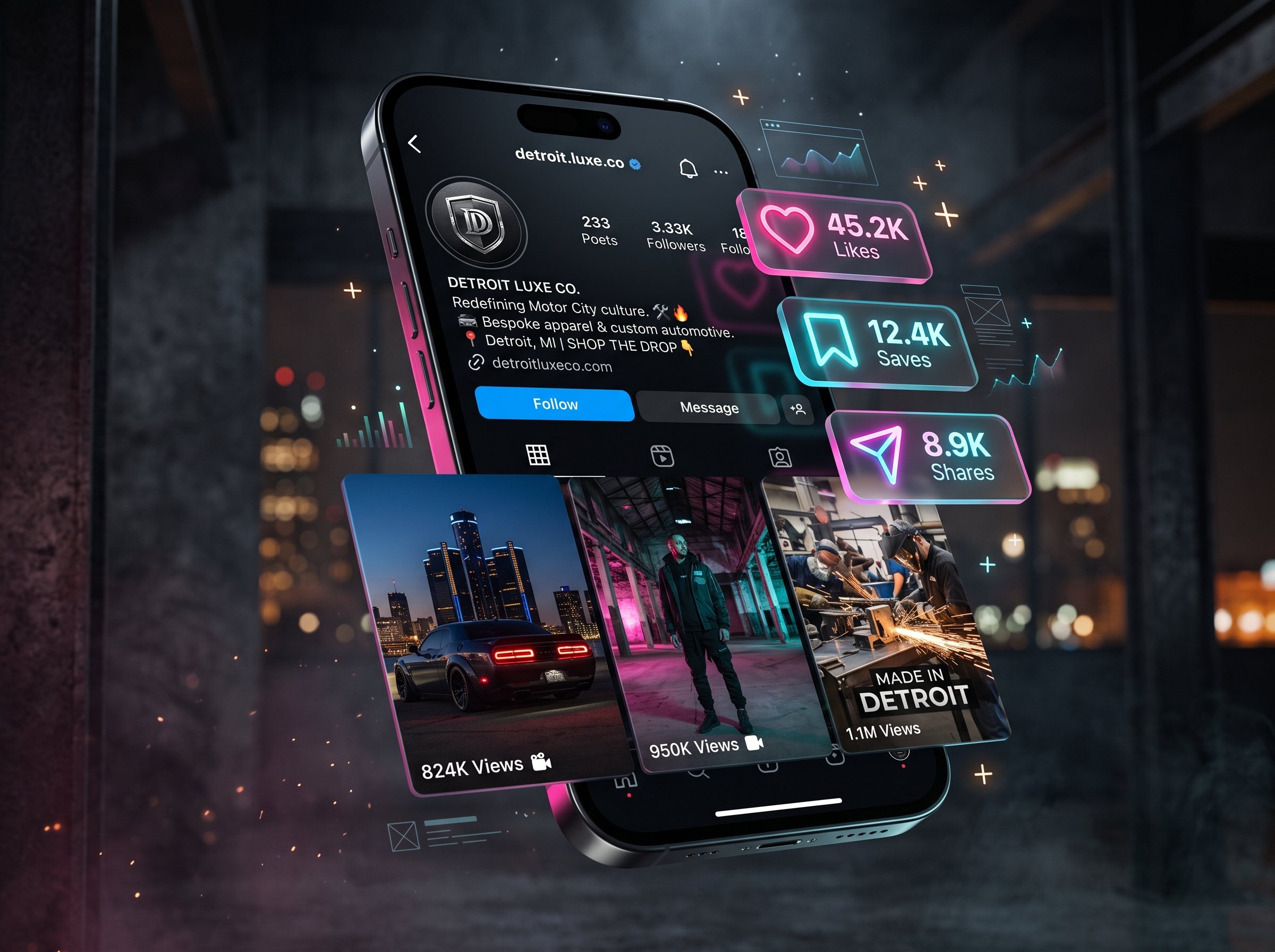 Floating modern smartphone displaying high-converting branded Instagram and TikTok video feed engineered by RivDiv Marketing Detroit